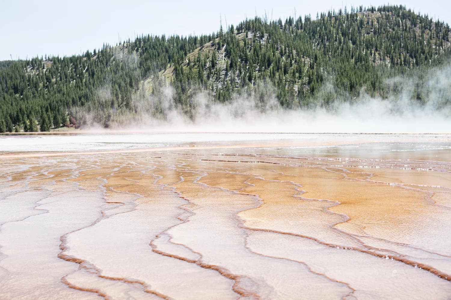 Mineral terraces fanning out in soft orange and white ripples